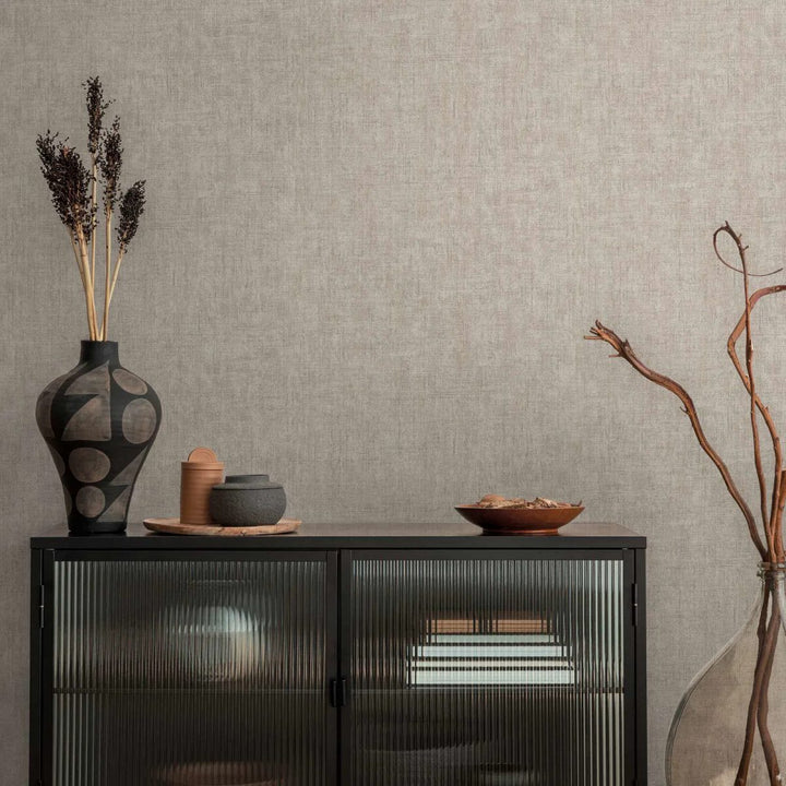 Plain non-woven wallpaper with natural linen texture | gray - 3007654