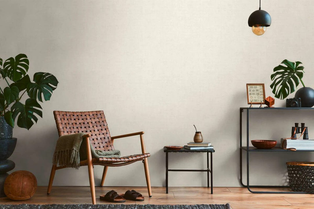 Plain non-woven wallpaper with natural linen texture | light warm tones - 3007655