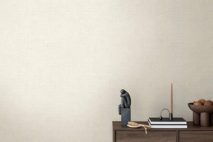 Plain non-woven wallpaper with natural linen texture | light warm tones - 3007655