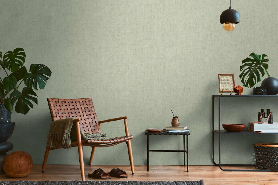 Plain non-woven wallpaper in light sage green with a fine linen texture - 3007656