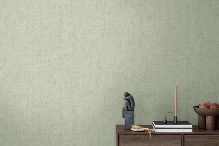Plain non-woven wallpaper in light sage green with a fine linen texture - 3007656