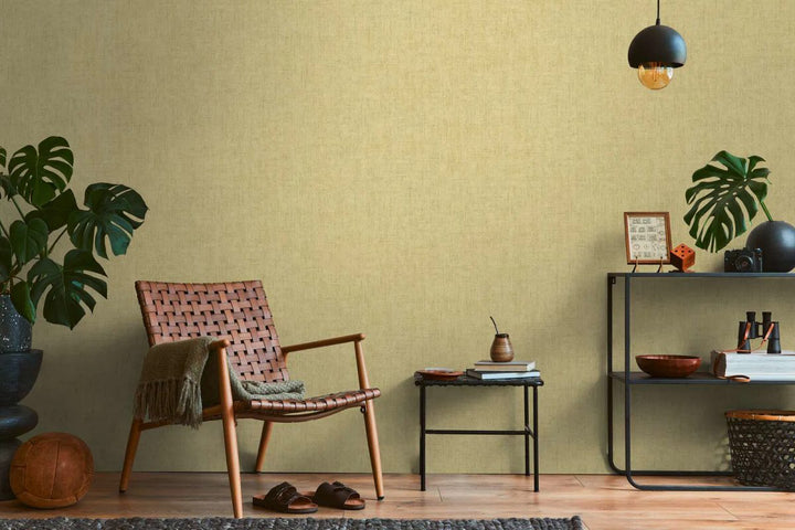 Plain non-woven wallpaper with natural linen texture | greenish yellow - 3007657