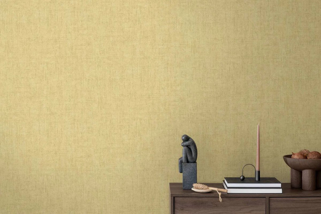 Plain non-woven wallpaper with natural linen texture | greenish yellow - 3007657