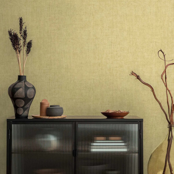 Plain non-woven wallpaper with natural linen texture | greenish yellow - 3007657