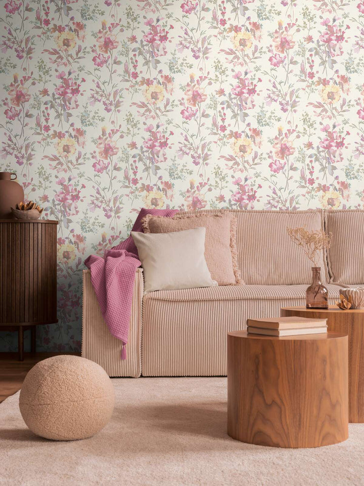 Neaustas tapetes ar romantisku ziedu rakstu pasteļtoņos ar spīdīgu efektu - balts, metālisks, zaļš - 3010123