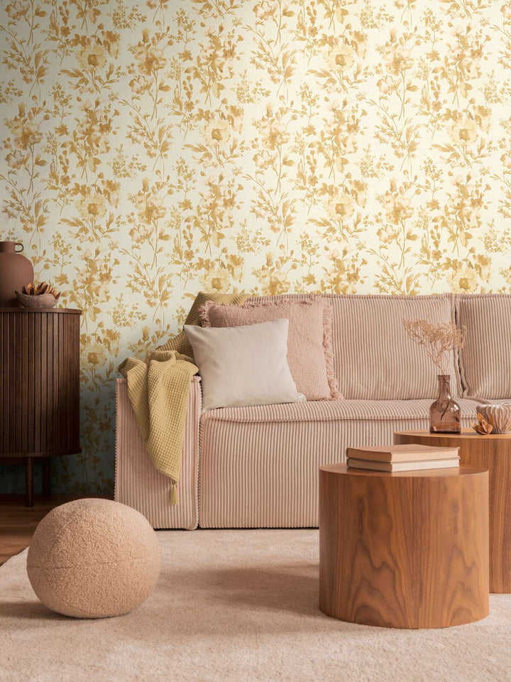 Neaustas tapetes ar ziedu rakstu | bēša, zelta, krēmkrāsā - 3010126
