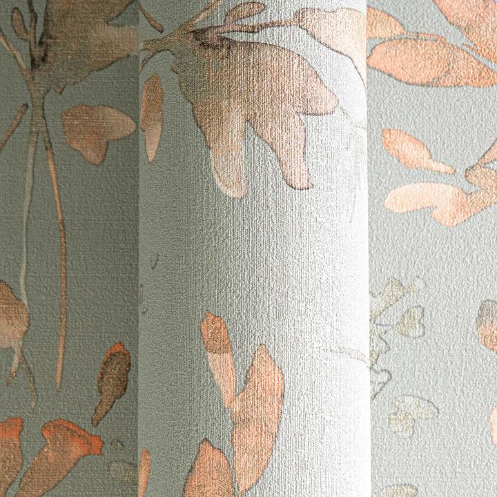 Neaustas tapetes ar vieglu spīdumu un rotaļīgu ziedu rakstu zaļgani zilā krāsā - 3010130