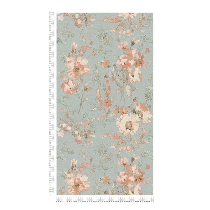 Neaustas tapetes ar vieglu spīdumu un rotaļīgu ziedu rakstu zaļgani zilā krāsā - 3010130