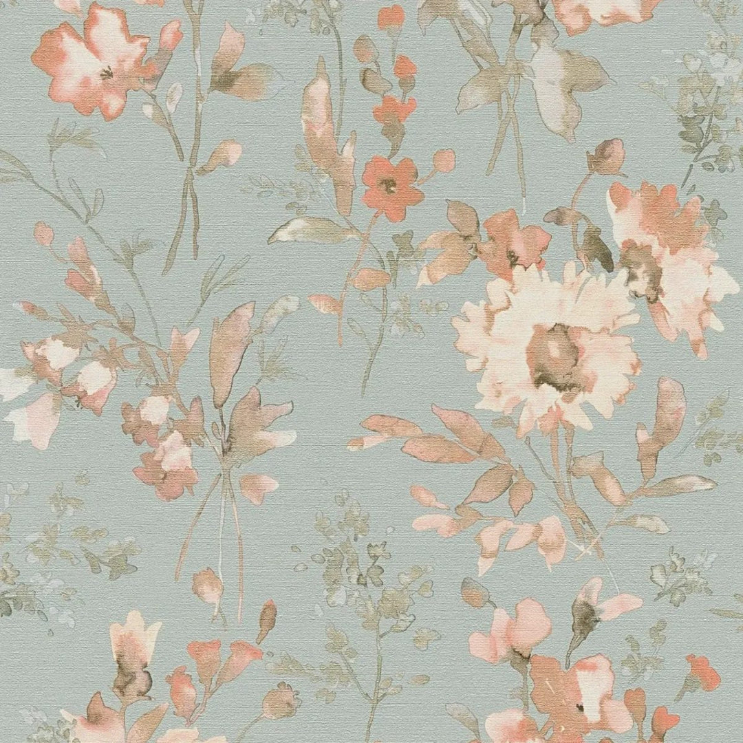 Neaustas tapetes ar vieglu spīdumu un rotaļīgu ziedu rakstu zaļgani zilā krāsā - 3010130