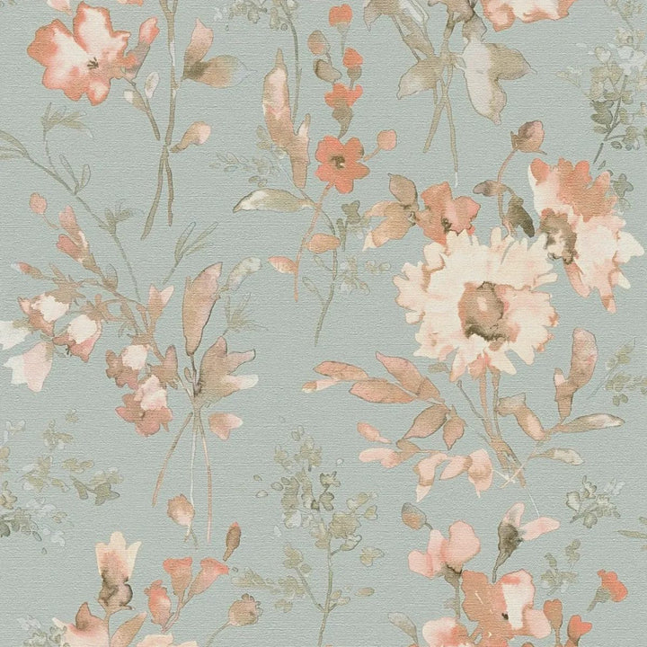 Neaustas tapetes ar vieglu spīdumu un rotaļīgu ziedu rakstu zaļgani zilā krāsā - 3010130