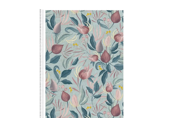 Tapetes pasteļtoņos ar eksotiskiem ziediem uz maigi zila fona - zils, rozā, rozā - 3010135