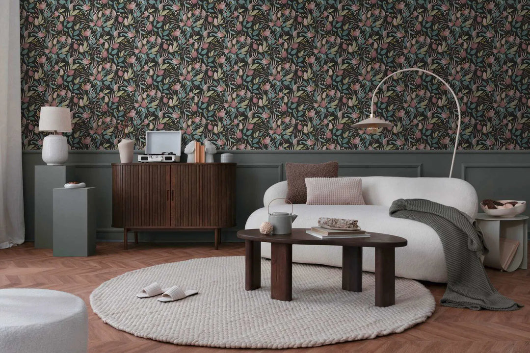 Elegant non-woven wallpaper with tropical flowers | black, pink - 3010136