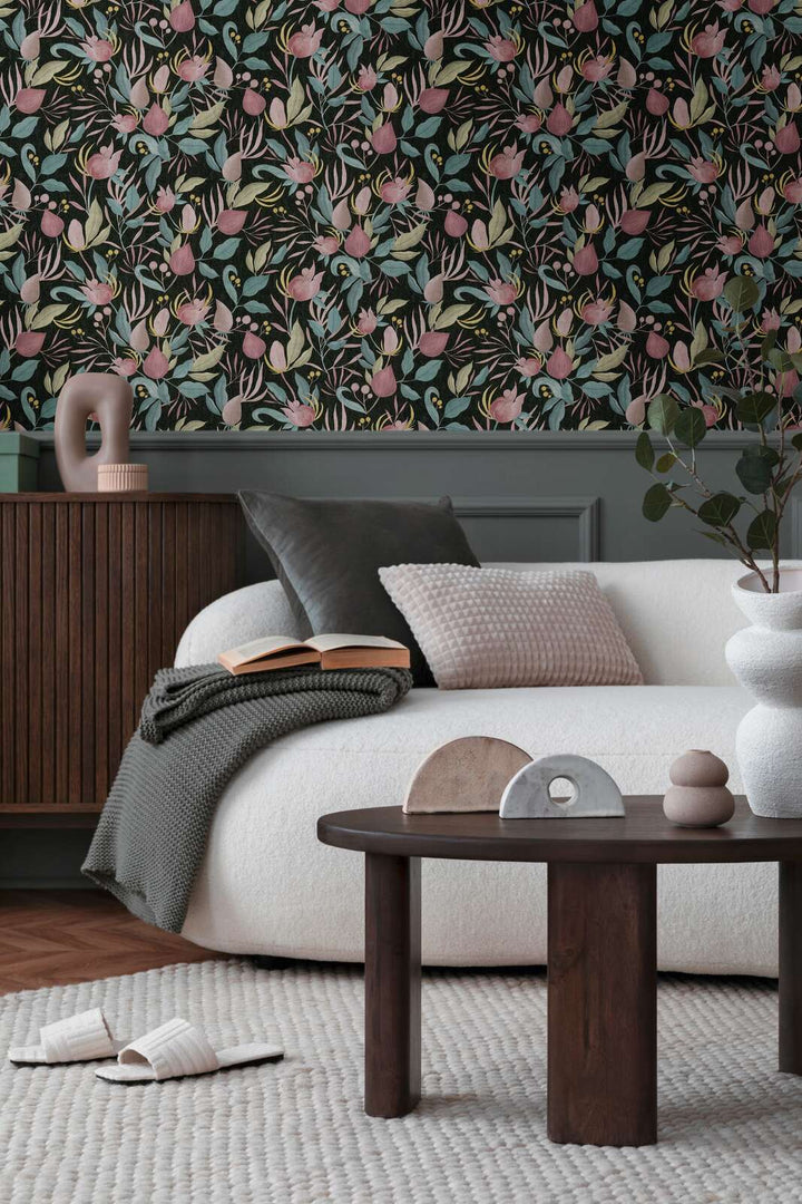 Elegant non-woven wallpaper with tropical flowers | black, pink - 3010136
