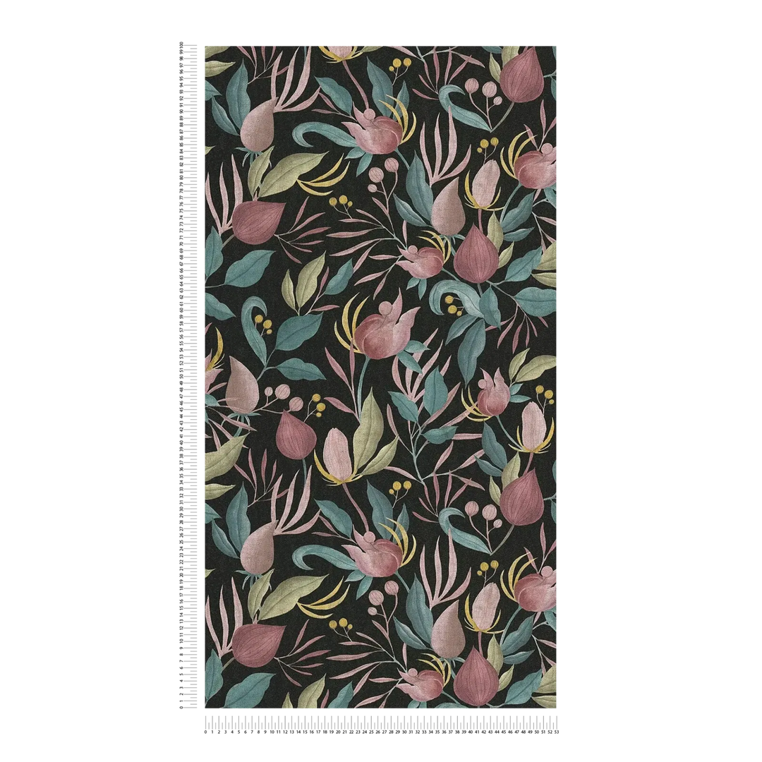 Elegant non-woven wallpaper with tropical flowers | black, pink - 3010136