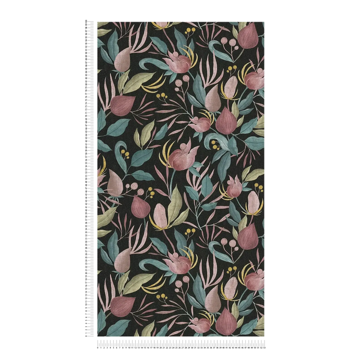 Elegant non-woven wallpaper with tropical flowers | black, pink - 3010136
