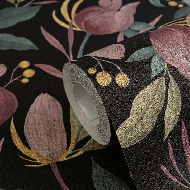 Elegant non-woven wallpaper with tropical flowers | black, pink - 3010136