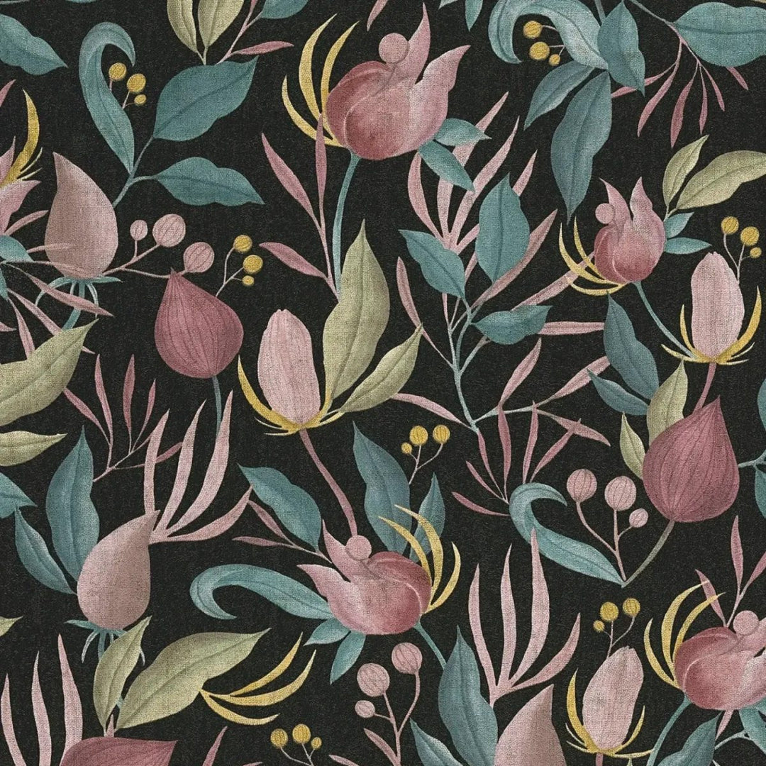 Elegant non-woven wallpaper with tropical flowers | black, pink - 3010136