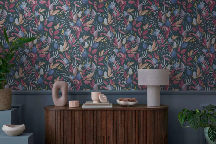 Elegantas neaustas tapetes ar tropu ziediem | zila, roza - 3010137