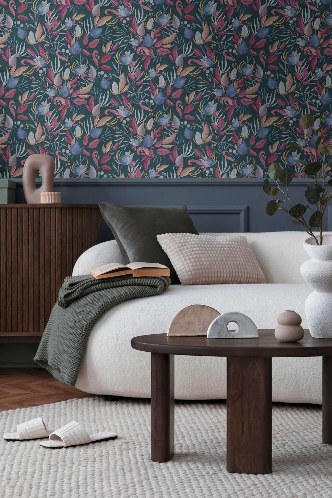 Elegantas neaustas tapetes ar tropu ziediem | zila, roza - 3010137