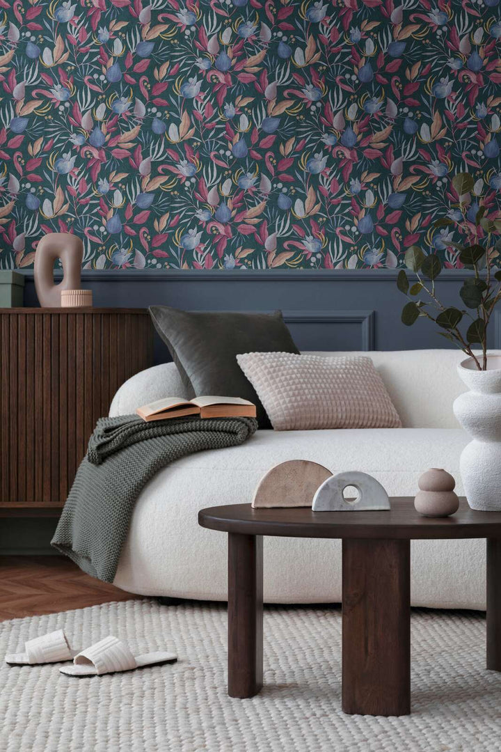 Elegantas neaustas tapetes ar tropu ziediem | zila, roza - 3010137