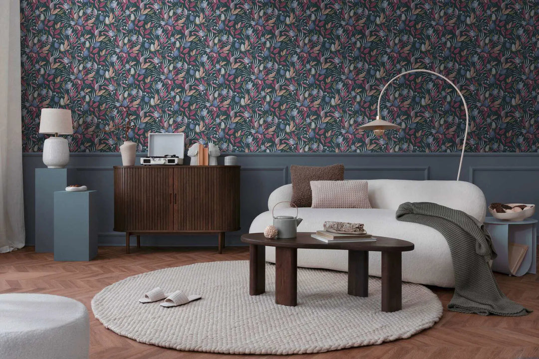 Elegantas neaustas tapetes ar tropu ziediem | zila, roza - 3010137