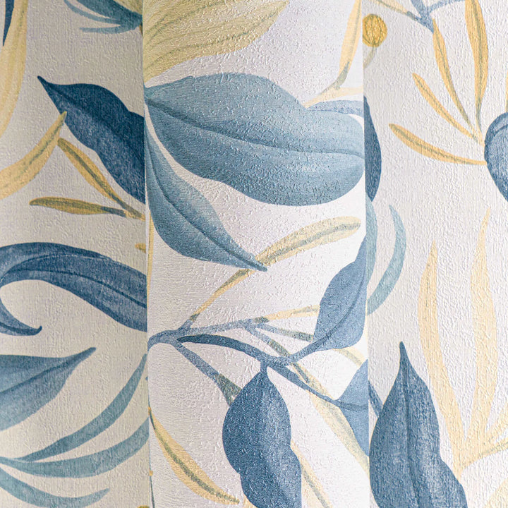 Playful non-woven wallpaper with exotic flowers | White, blue, yellow - 3010142