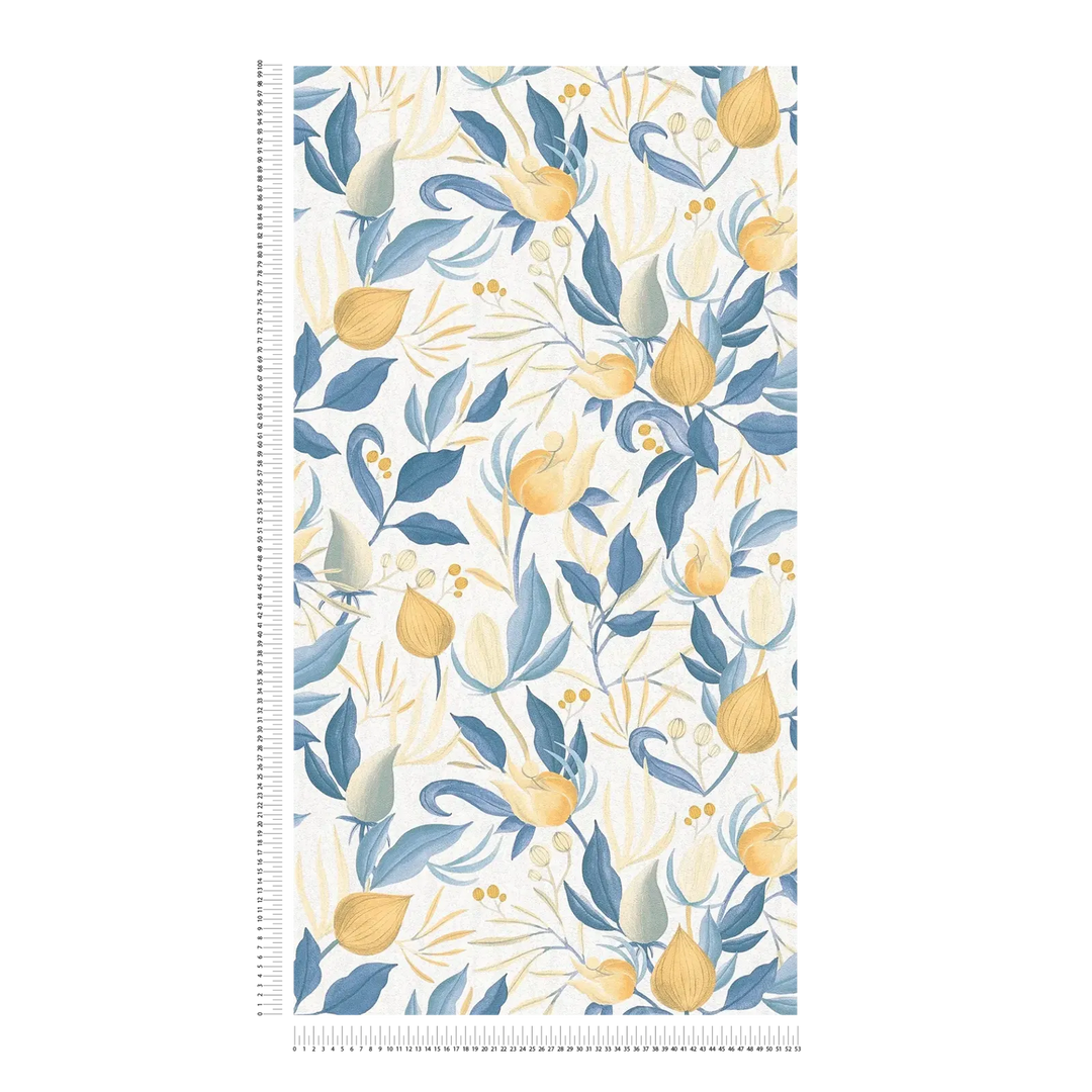 Playful non-woven wallpaper with exotic flowers | White, blue, yellow - 3010142