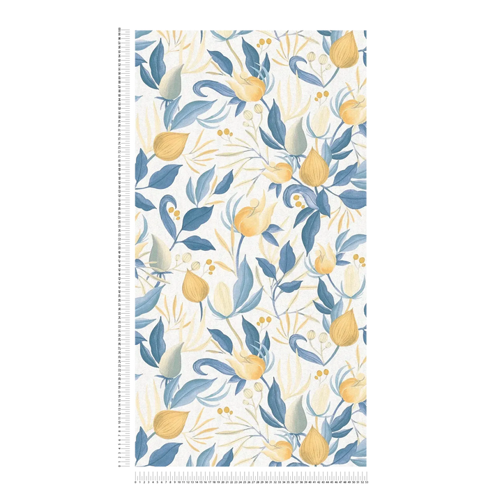 Playful non-woven wallpaper with exotic flowers | White, blue, yellow - 3010142