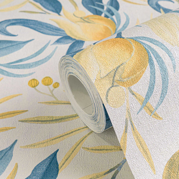 Playful non-woven wallpaper with exotic flowers | White, blue, yellow - 3010142