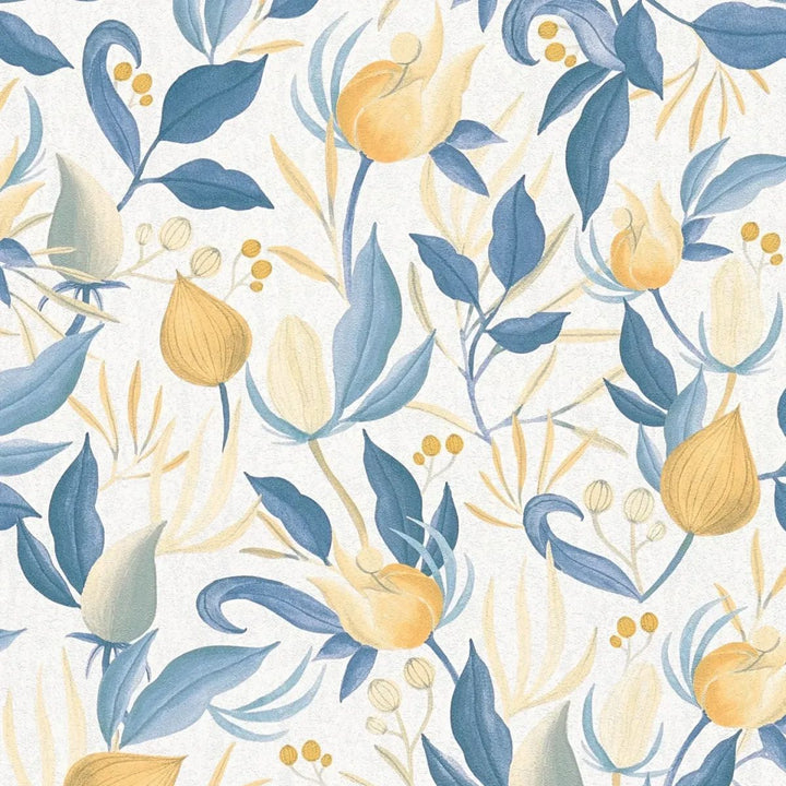 Playful non-woven wallpaper with exotic flowers | White, blue, yellow - 3010142