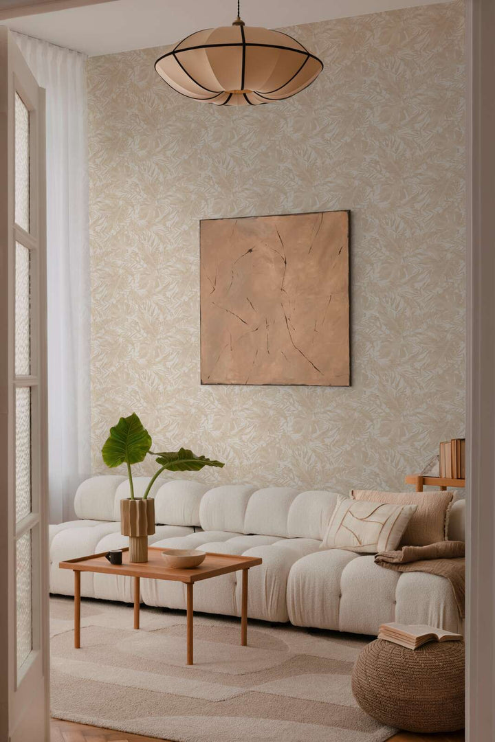 Wallpaper with palm tree motif in soft shades with light texture - beige, cream - 3010147