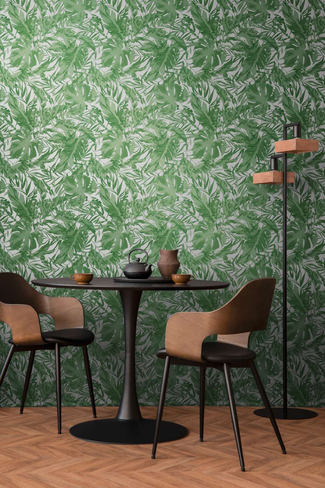 Viegli teksturētas neaustas tapetes ar tropu lapu motīvu, matētas - zaļas, baltas - 3010152