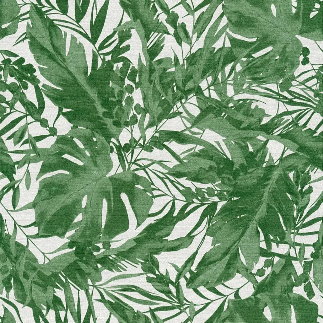 Viegli teksturētas neaustas tapetes ar tropu lapu motīvu, matētas - zaļas, baltas - 3010152