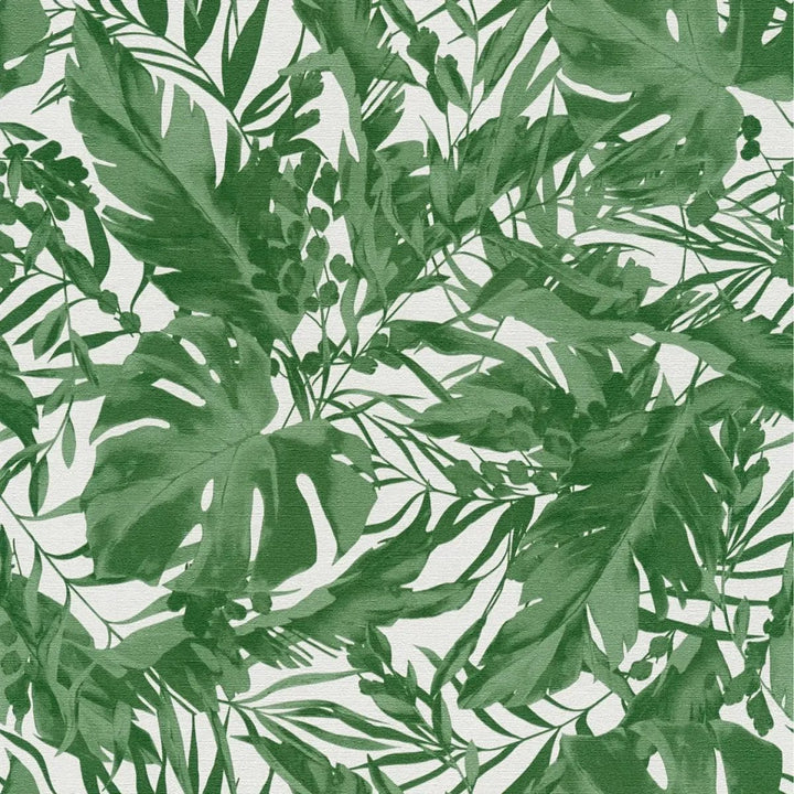 Viegli teksturētas neaustas tapetes ar tropu lapu motīvu, matētas - zaļas, baltas - 3010152