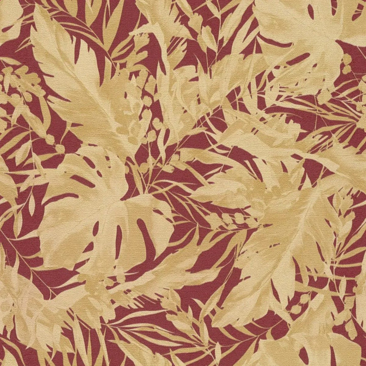 High quality non-woven wallpaper with stylish tropical leaf pattern | red, gold - 3010153