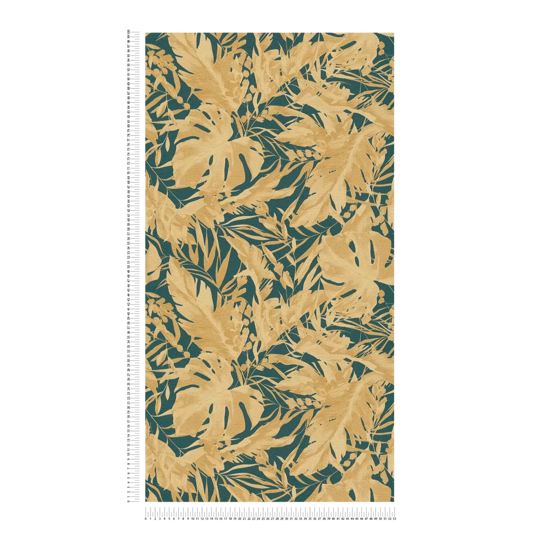 Teksturētas neaustas tapetes ar elegantu tropu stila lapām | zaļa, zelta - 3010154