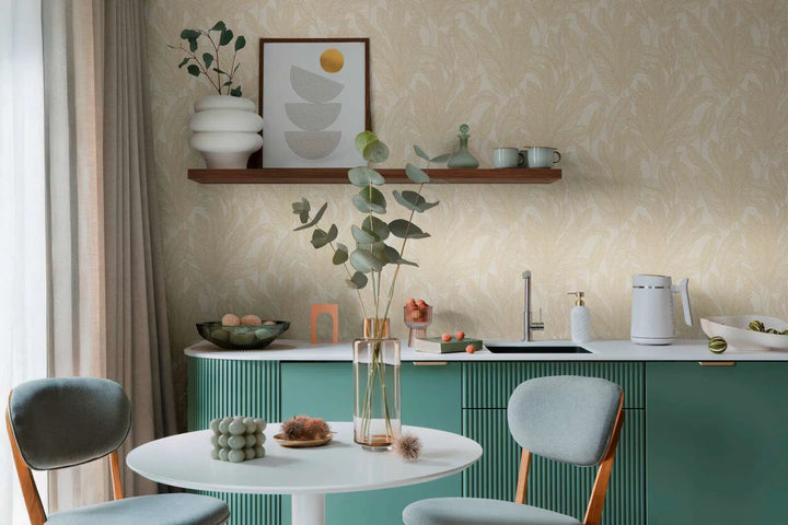 Elegantas neaustas tapetes ar mirdzošu lapu dizainu siltās krāsās - 3010162