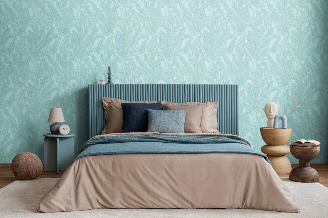 Textured non-woven wallpaper with soft, shiny palm leaf design | blue, gold - 3010163