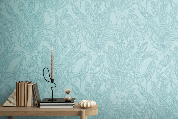 Textured non-woven wallpaper with soft, shiny palm leaf design | blue, gold - 3010163