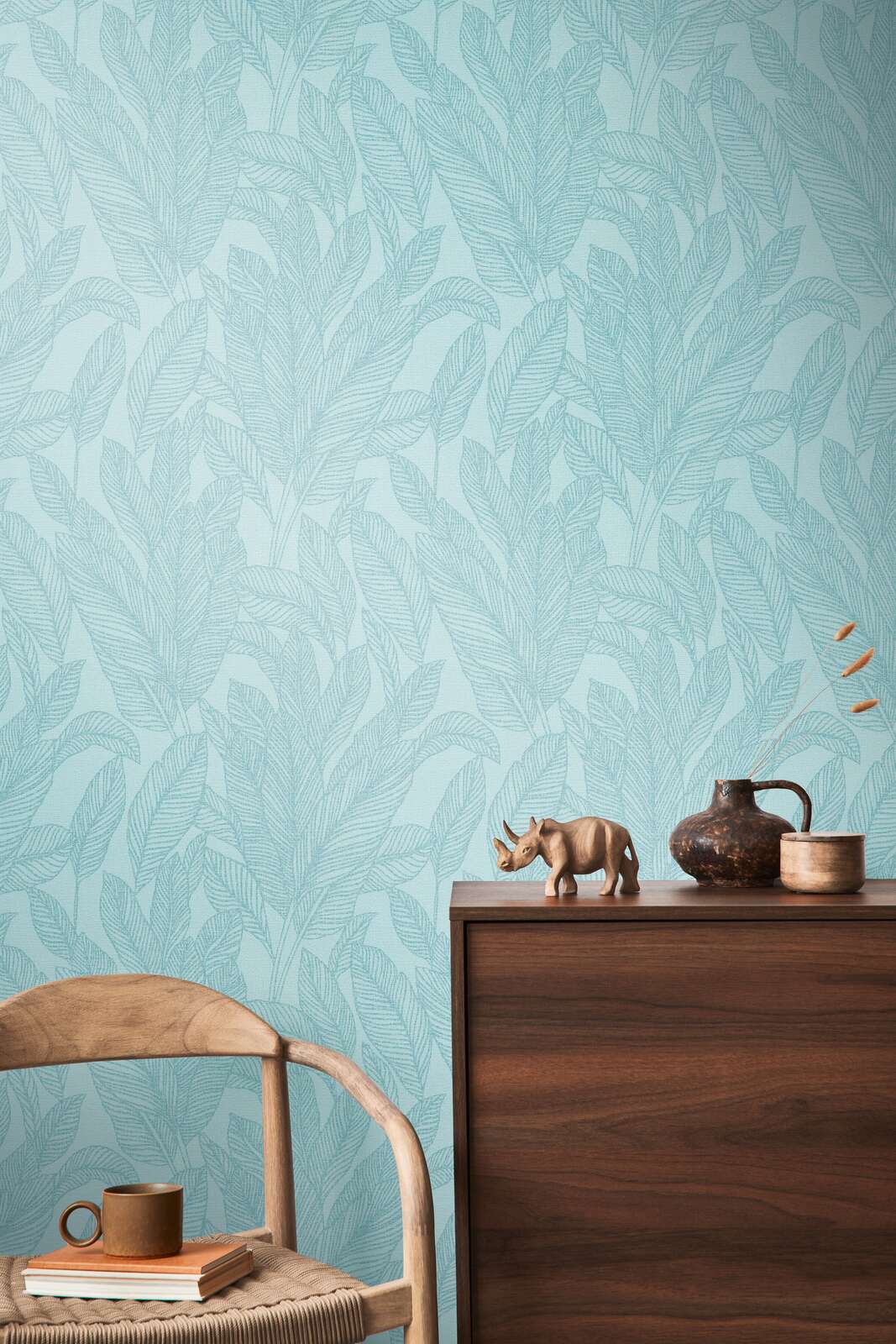 Textured non-woven wallpaper with soft, shiny palm leaf design | blue, gold - 3010163