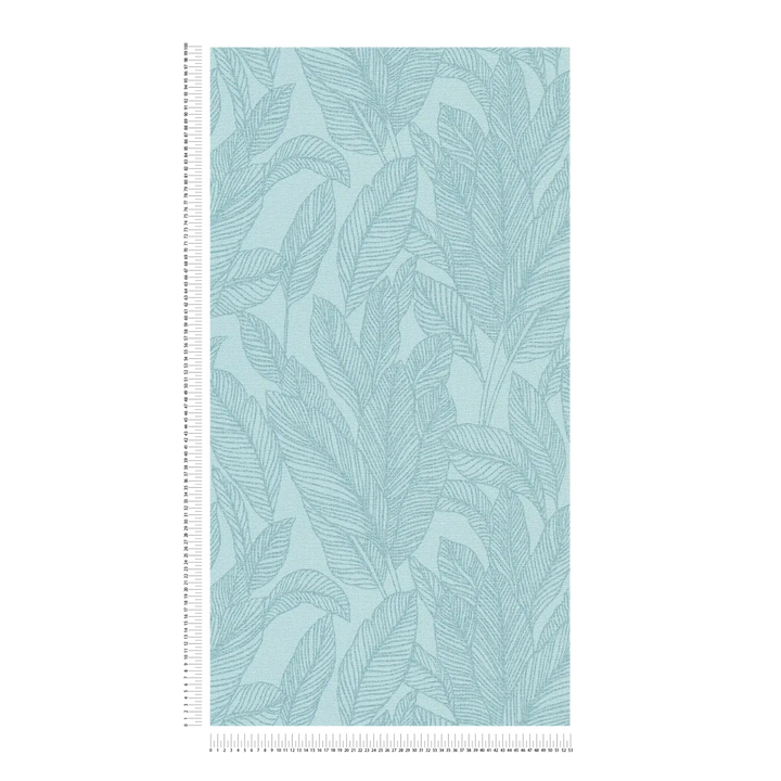 Textured non-woven wallpaper with soft, shiny palm leaf design | blue, gold - 3010163