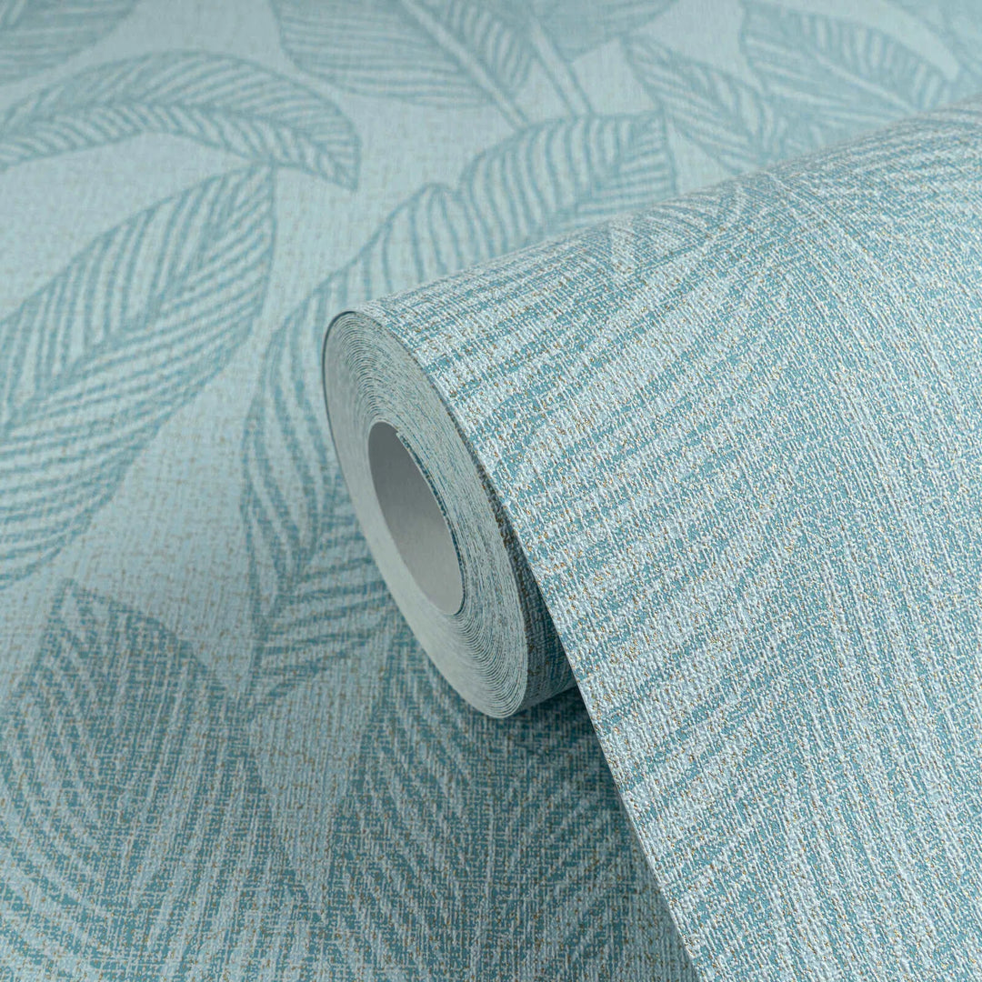 Textured non-woven wallpaper with soft, shiny palm leaf design | blue, gold - 3010163