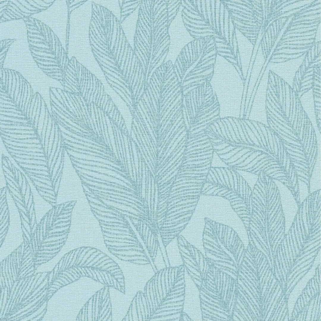 Textured non-woven wallpaper with soft, shiny palm leaf design | blue, gold - 3010163