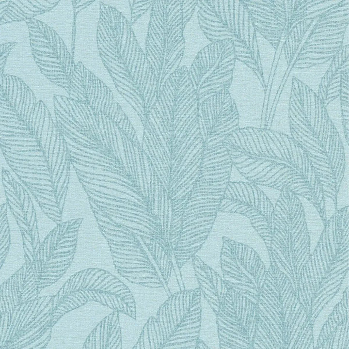 Textured non-woven wallpaper with soft, shiny palm leaf design | blue, gold - 3010163