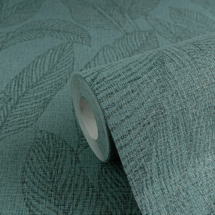 Viegli teksturētas neaustas tapetes ar izsmalcinātu, spīdīgu lapu rakstu zaļā krāsā - 3010164