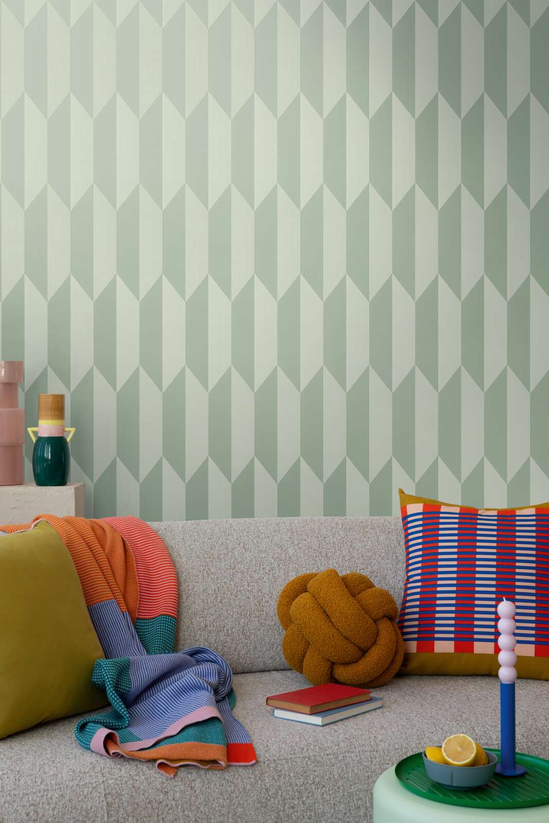 Neaustas tapetes ar mirdzošu dimantu rakstu un stilīgu dziļuma efektu | zaļā - 3010520