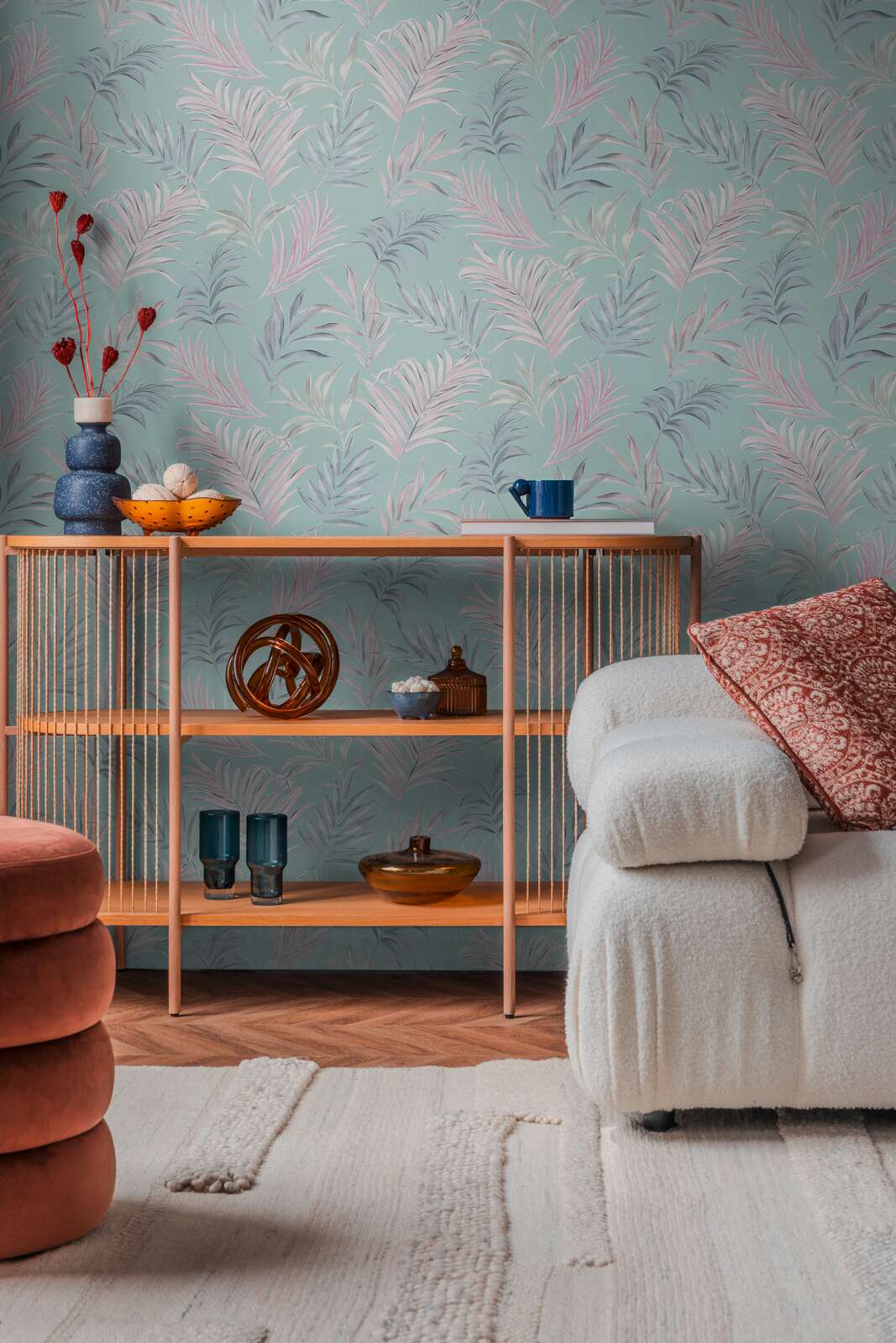 Neaustas tapetes ar delikātu tropu motīvu | zila, roza - 3011052