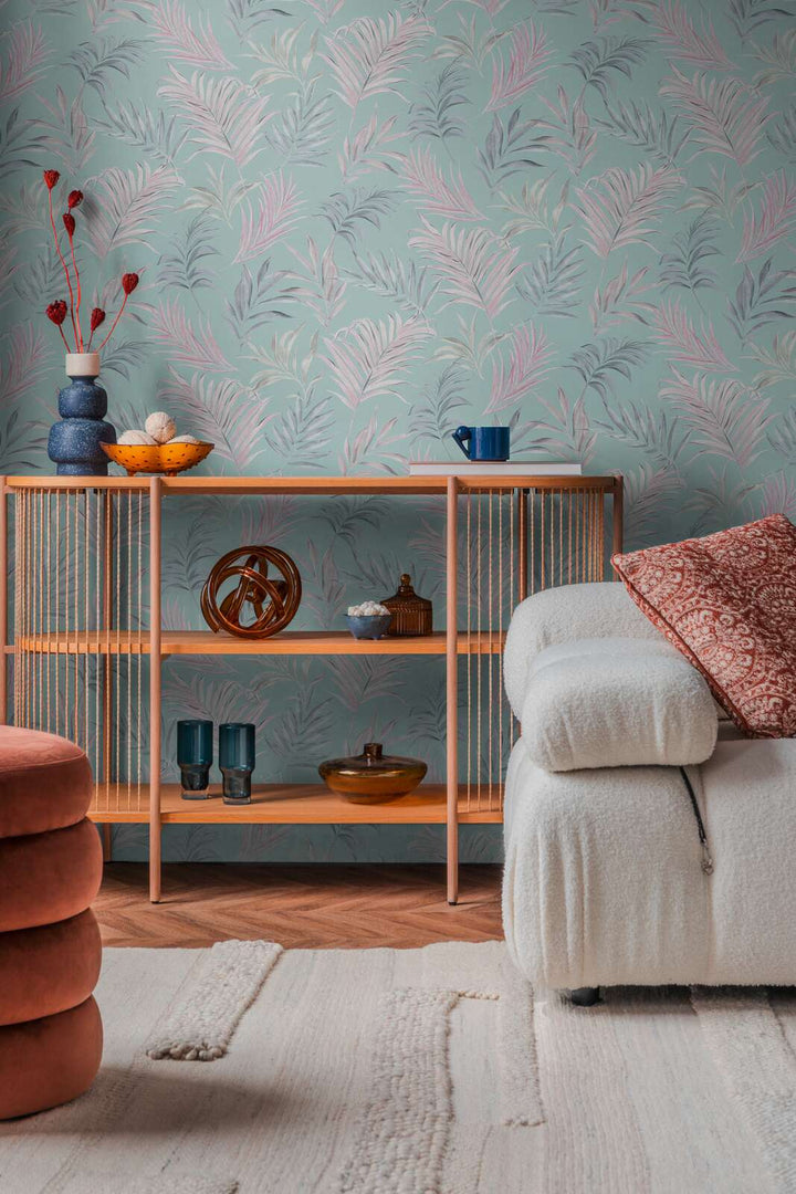 Neaustas tapetes ar delikātu tropu motīvu | zila, roza - 3011052