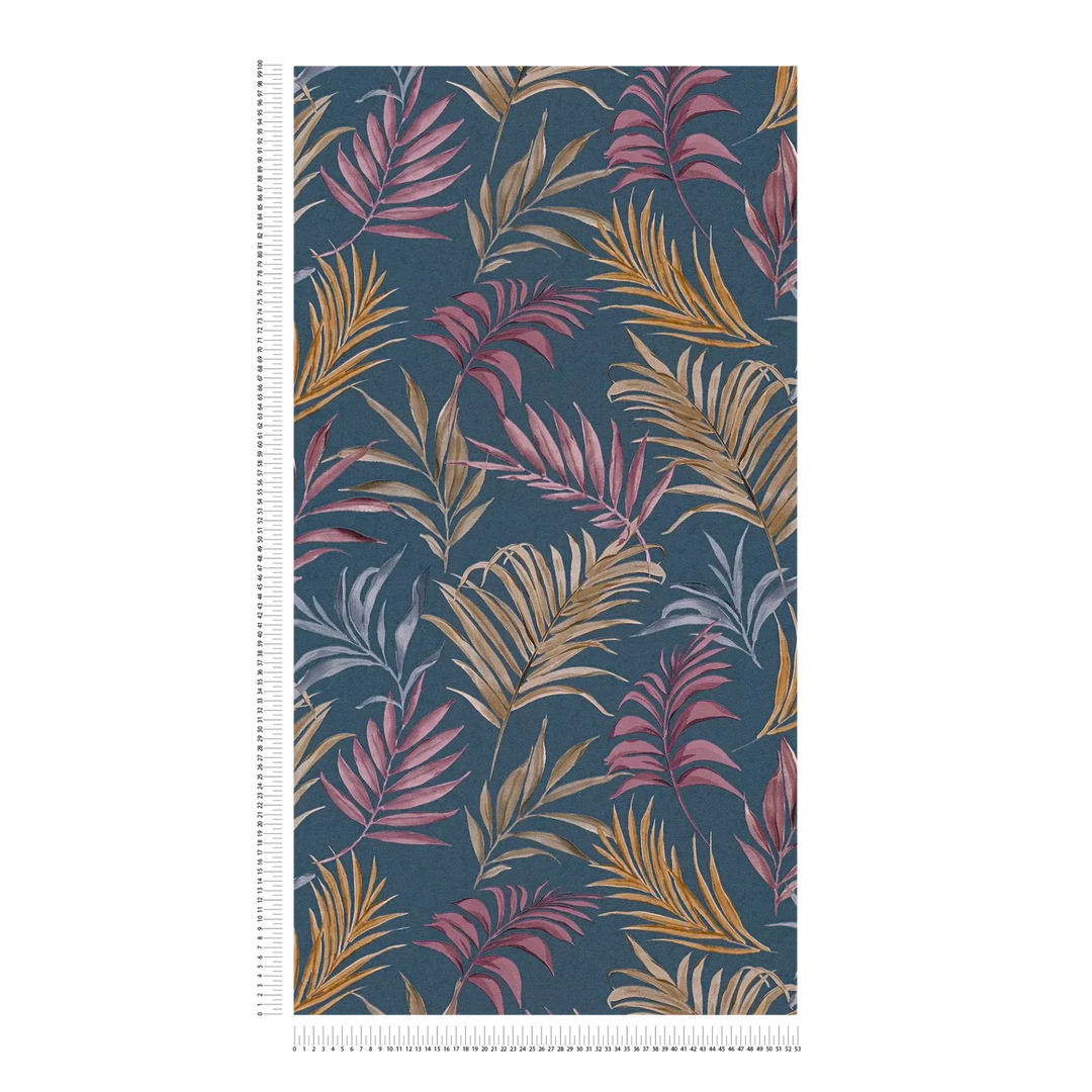 Neaustas tapetes ar delikātu tropu motīvu uz tumši zila | nedaudz spīdīgas lapas - 3011055