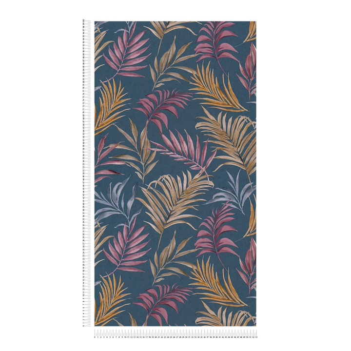 Neaustas tapetes ar delikātu tropu motīvu uz tumši zila | nedaudz spīdīgas lapas - 3011055